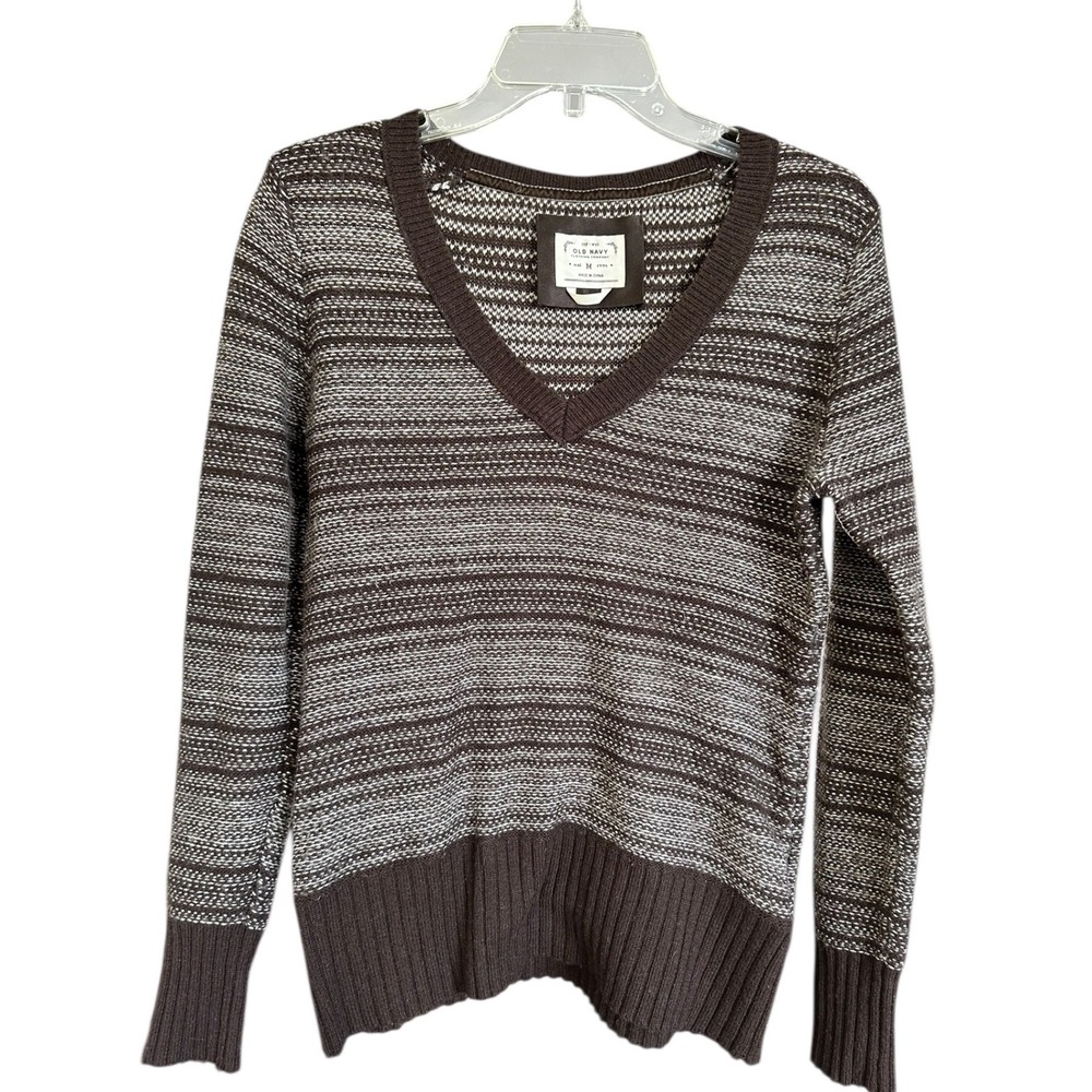 Vintage‎ Old Navy Brown White Striped V-Neck Sweater Lambswool Angora Blend Sz M